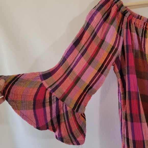 Beach Lunch Lounge Women's Red Orange Plaid Peasant Top Sz L Off Shoulder Gauze - Picture 5 of 12
